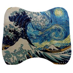 The Great Wave Of Kanagawa Painting Starry Night Vincent Van Gogh Velour Head Support Cushion by danenraven