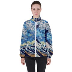 The Great Wave Of Kanagawa Painting Starry Night Vincent Van Gogh Women s High Neck Windbreaker by danenraven