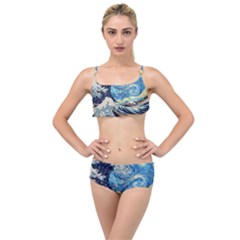 The Great Wave Of Kanagawa Painting Starry Night Vincent Van Gogh Layered Top Bikini Set by danenraven