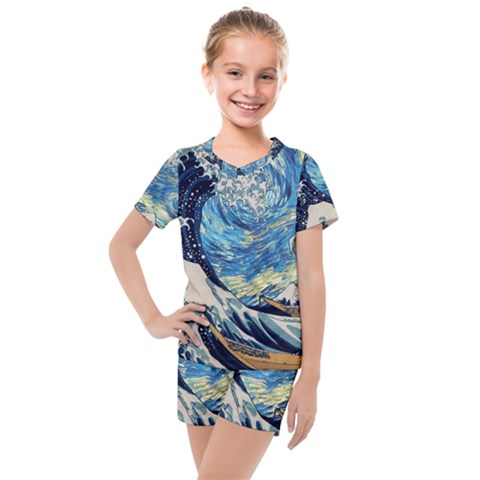The Great Wave Of Kanagawa Painting Starry Night Vincent Van Gogh Kids  Mesh Tee And Shorts Set by danenraven