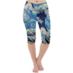 The Great Wave Of Kanagawa Painting Starry Night Vincent Van Gogh Lightweight Velour Cropped Yoga Leggings by danenraven