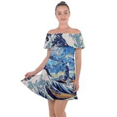 The Great Wave Of Kanagawa Painting Starry Night Vincent Van Gogh Off Shoulder Velour Dress by danenraven