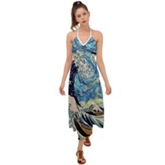 The Great Wave Of Kanagawa Painting Starry Night Vincent Van Gogh Halter Tie Back Dress  by danenraven