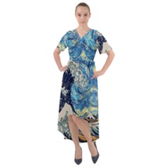 The Great Wave Of Kanagawa Painting Starry Night Vincent Van Gogh Front Wrap High Low Dress by danenraven