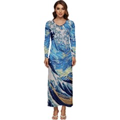 The Great Wave Of Kanagawa Painting Starry Night Vincent Van Gogh Long Sleeve Velour Longline Maxi Dress by danenraven