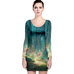 Magical Forest Forest Painting Fantasy Long Sleeve Velvet Bodycon Dress by danenraven