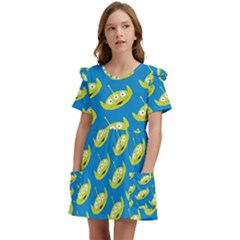 Pattern Aliens Kids  Frilly Sleeves Pocket Dress by artworkshop