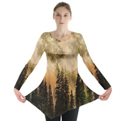 Moon Nature Forest Pine Trees Sky Full Moon Night Long Sleeve Tunic  by danenraven