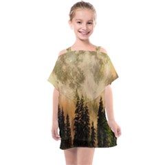 Moon Nature Forest Pine Trees Sky Full Moon Night Kids  One Piece Chiffon Dress by danenraven