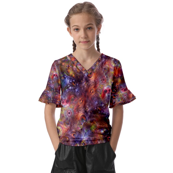 Fantasy Surreal Animals Psychedelic Pattern Kids  V-Neck Horn Sleeve Blouse