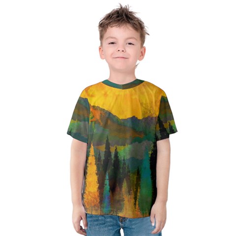 Trees Mountains Sun Sunrise Warm Red Yellow Kids  Cotton Tee by danenraven
