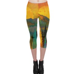 Trees Mountains Sun Sunrise Warm Red Yellow Capri Leggings  by danenraven