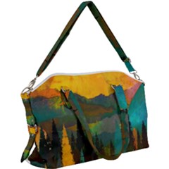 Trees Mountains Sun Sunrise Warm Red Yellow Canvas Crossbody Bag by danenraven