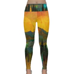 Trees Mountains Sun Sunrise Warm Red Yellow Lightweight Velour Classic Yoga Leggings by danenraven