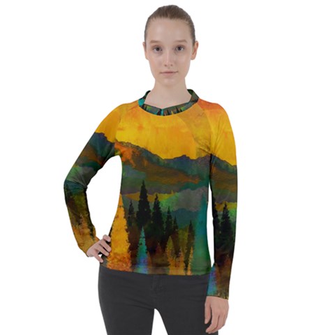 Trees Mountains Sun Sunrise Warm Red Yellow Women s Pique Long Sleeve Tee by danenraven