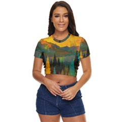 Trees Mountains Sun Sunrise Warm Red Yellow Side Button Cropped Tee by danenraven