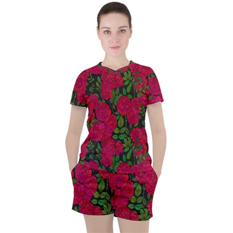 Seamless-pattern-with-colorful-bush-roses Women s Tee And Shorts Set by BangZart