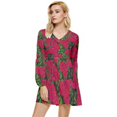 Seamless-pattern-with-colorful-bush-roses Tiered Long Sleeve Mini Dress