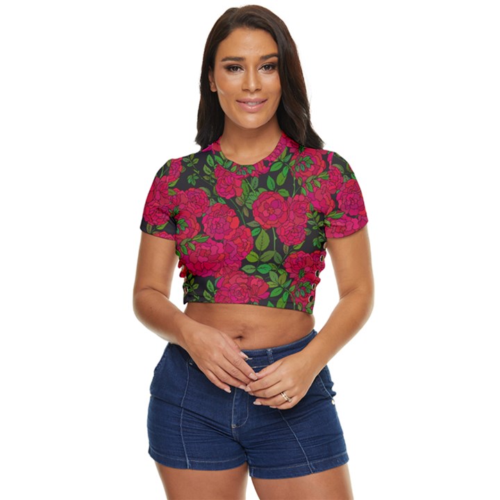 Seamless-pattern-with-colorful-bush-roses Side Button Cropped Tee