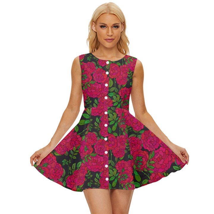 Seamless-pattern-with-colorful-bush-roses Sleeveless Button Up Dress