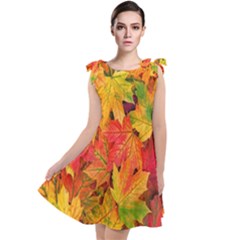 Autumn Background Maple Leaves Tie Up Tunic Dress by artworkshop