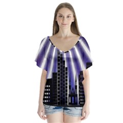 Superhero City Background V-neck Flutter Sleeve Top by artworkshop