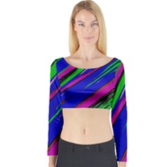 Diagonal Green Blue Purple And Black Abstract Art Long Sleeve Crop Top by KorokStudios