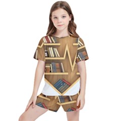 Bookshelf Heart Kids  Tee And Sports Shorts Set by artworkshop