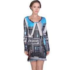 Winter Village Snow Brick Buildings Long Sleeve Nightdress by artworkshop