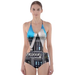 Winter Village Snow Brick Buildings Cut-out One Piece Swimsuit by artworkshop