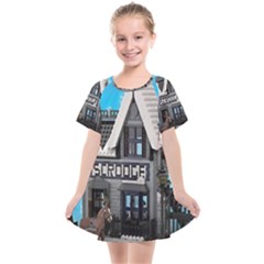 Winter Village Snow Brick Buildings Kids  Smock Dress by artworkshop