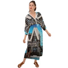 Winter Village Snow Brick Buildings Grecian Style  Maxi Dress by artworkshop