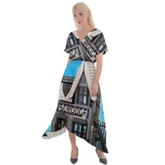 Winter Village Snow Brick Buildings Cross Front Sharkbite Hem Maxi Dress