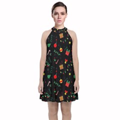 Christmas Pattern Texture Colorful Wallpaper Velvet Halter Neckline Dress 