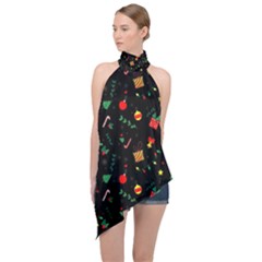 Christmas Pattern Texture Colorful Wallpaper Halter Asymmetric Satin Top