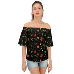 Christmas Pattern Texture Colorful Wallpaper Off Shoulder Short Sleeve Top