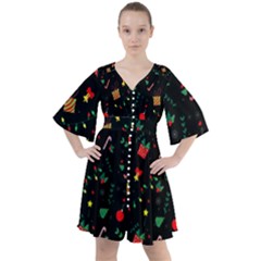 Christmas Pattern Texture Colorful Wallpaper Boho Button Up Dress by Ravend