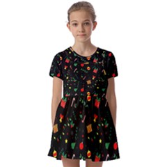 Christmas Pattern Texture Colorful Wallpaper Kids  Short Sleeve Pinafore Style Dress by Ravend