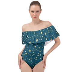 Star Golden Pattern Christmas Design White Gold Off Shoulder Velour Bodysuit  by Ravend