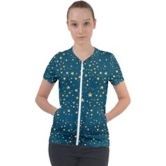 Star Golden Pattern Christmas Design White Gold Short Sleeve Zip Up Jacket by Ravend