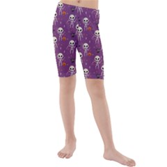 Background Halloween Pattern Pumpkin Skeleton Bat Kids  Mid Length Swim Shorts