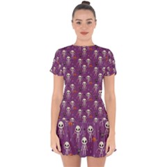 Background Halloween Pattern Pumpkin Skeleton Bat Drop Hem Mini Chiffon Dress