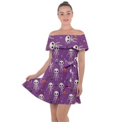 Background Halloween Pattern Pumpkin Skeleton Bat Off Shoulder Velour Dress by Ravend