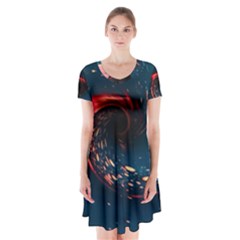 Fluid Swirl Spiral Twist Liquid Abstract Pattern Short Sleeve V-neck Flare Dress by Ravend