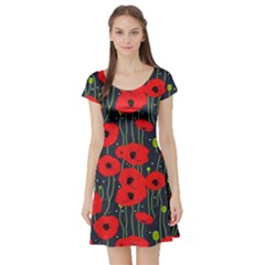 Background Poppies Flowers Seamless Ornamental Short Sleeve Skater Dress