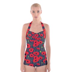 Background Poppies Flowers Seamless Ornamental Boyleg Halter Swimsuit  by Ravend