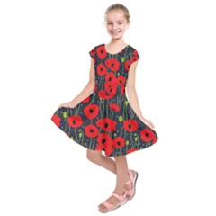 Background Poppies Flowers Seamless Ornamental Kids  Short Sleeve Dress by Ravend