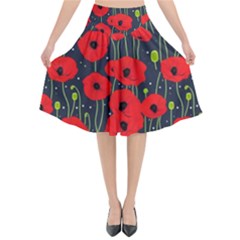 Background Poppies Flowers Seamless Ornamental Flared Midi Skirt