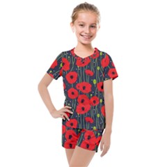 Background Poppies Flowers Seamless Ornamental Kids  Mesh Tee And Shorts Set