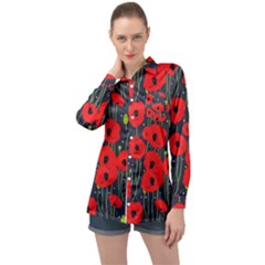 Background Poppies Flowers Seamless Ornamental Long Sleeve Satin Shirt